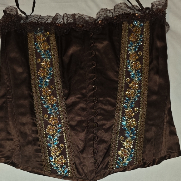 Ice Brown Corset with Blue and Gold Floral Design - Picture 4 of 8